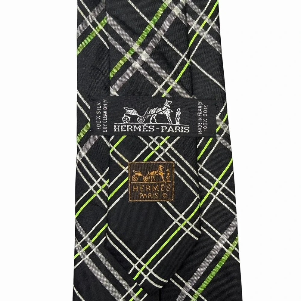 Hermes Men's Recent Tie Black/Green Plaid‎ Silk 758815T 3.75